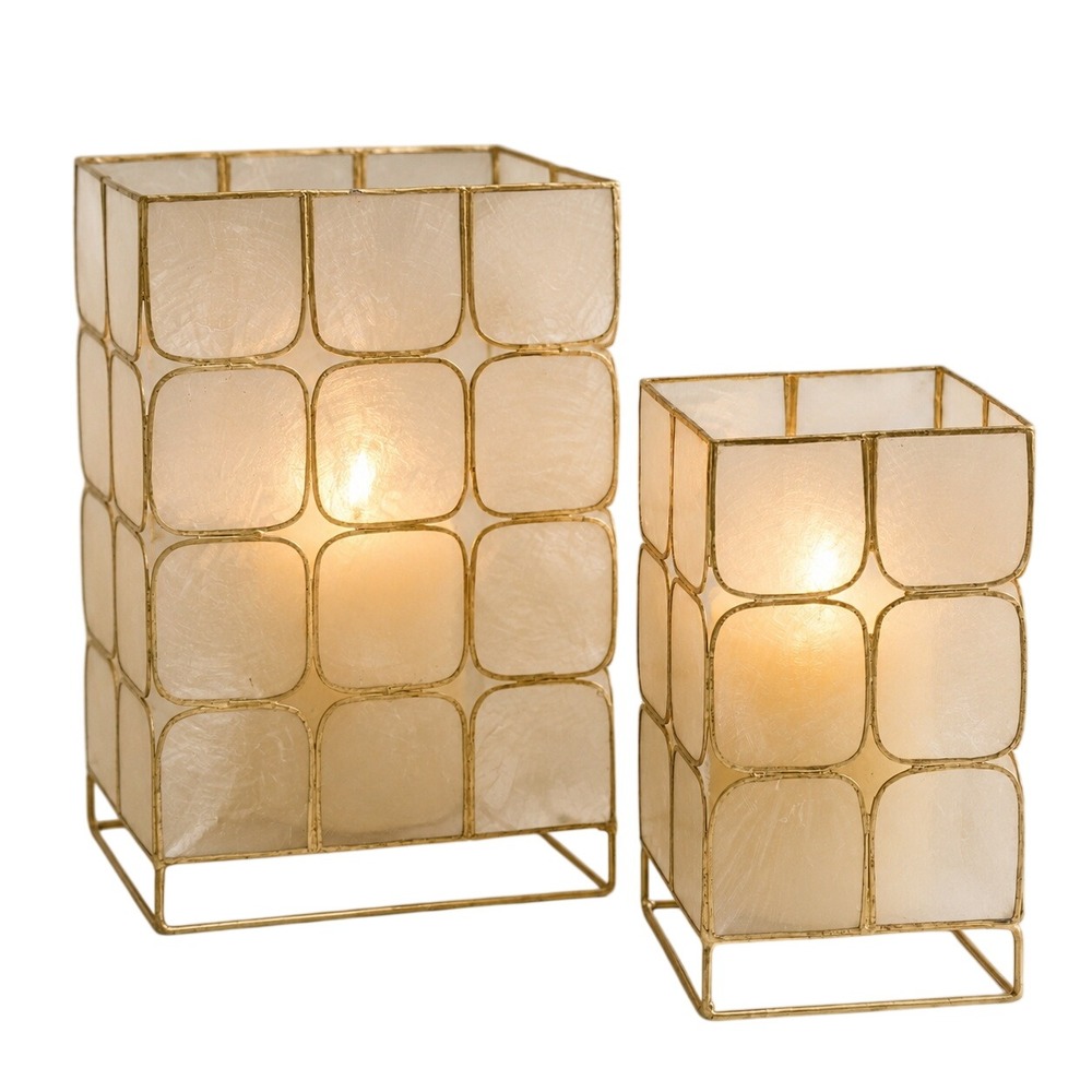 West Elm Capiz Shell Hurricane Candle Holders Set Gold Metal Latern Luminary 9"